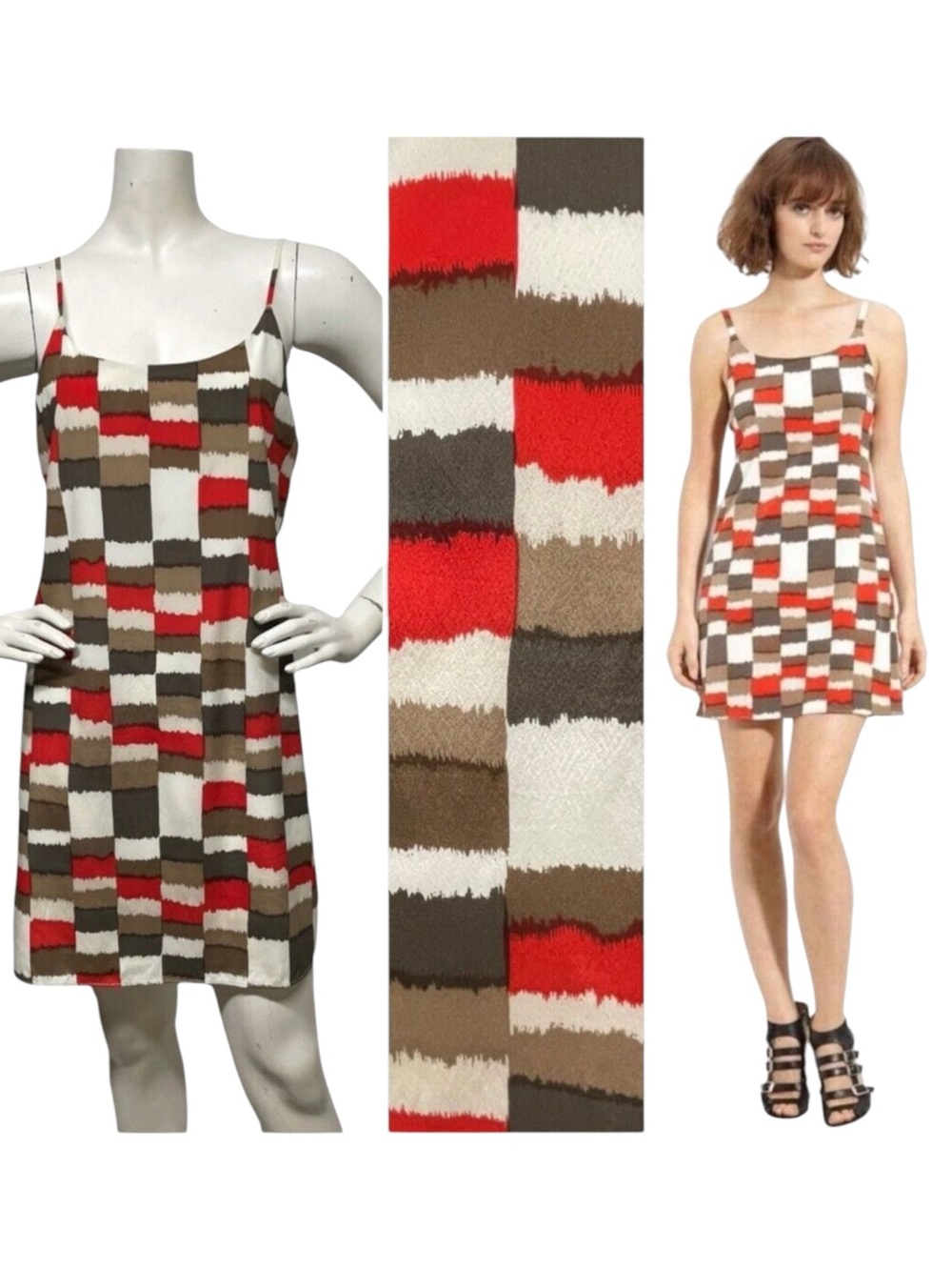 ALICE + OLIVIA Russell Check Print Geo Mini Slip Dress Silk Vintage Inspired M